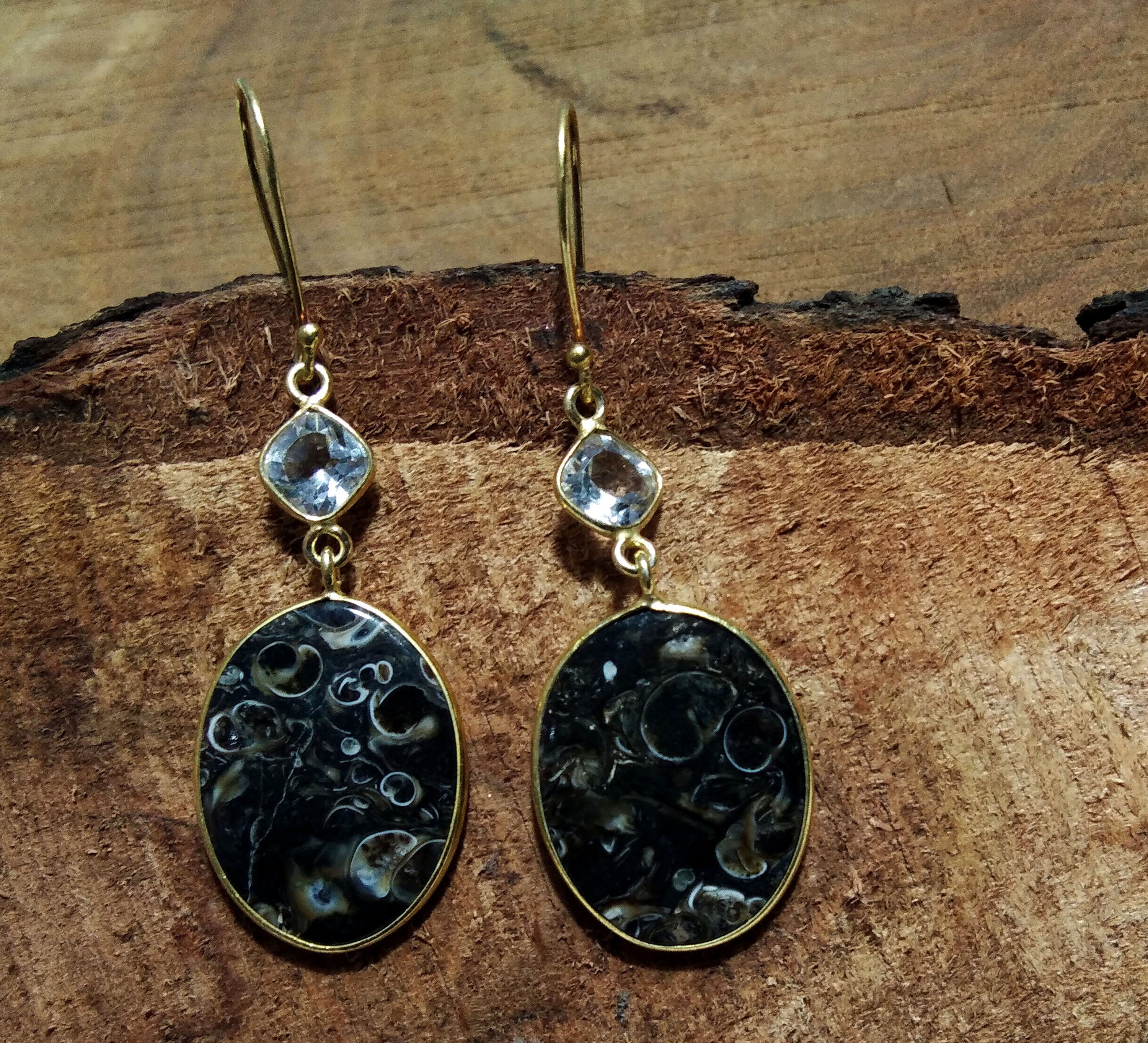 White Topaz & Turtella Jasper Earrings ! 925 Starling Silver With Gold Plated And Natural Gemstone Earrings Topaz Faceted,Turritella Fossil.